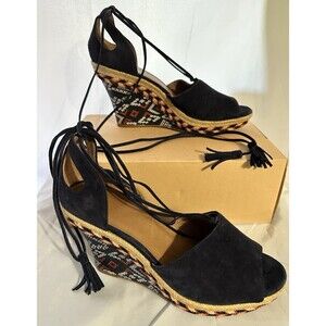 Cabi Navy Isla Blue Wedge Lace Up Espadrilles Aztec Heel Peep Toe 6001 Size 8.5